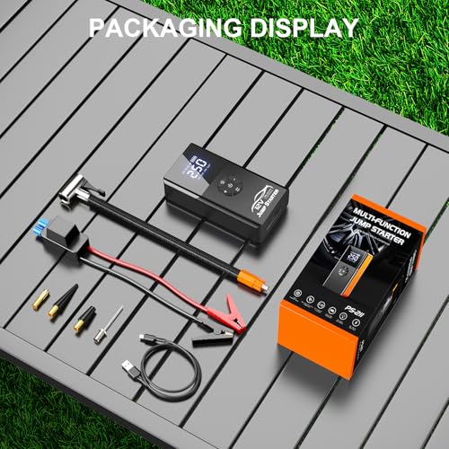 Jump Starter with Air Compressor, 8000A 180PSI, Portable Car Battery Jump Starter (All Gas/12L Diesel) 12V Automobile Jump Box Pack Chargers with Jumper Cables, 4-Mode LED Lights - color: black