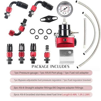 EFI Fuel Pressure Regulator Kit 30-70psi with Gauge 6AN Fuel Line Fitting Universal Adjustable Aluminum (Black+Red) - color: black+red