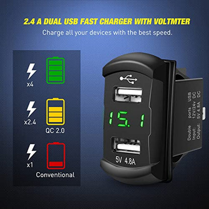 Nilight 5 Gang Rocker Switch Panel with Dual USB Socket Voltmeter - color: Green, size: 6 Gang Dual USB