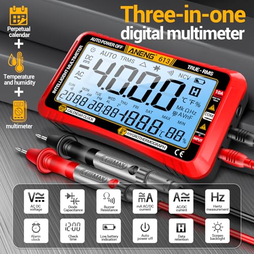 ANENG Digital Multimeter Tester,4000 Counts Voltage Tester,Auto-Ranging TRMS Volt Meter,Large LCD Ohm Meter Measures AC/DC Current,Voltage,Resistance, Diode,Continuity,Capacitance,Temperature(Red) - style: 613 Red Large Screen