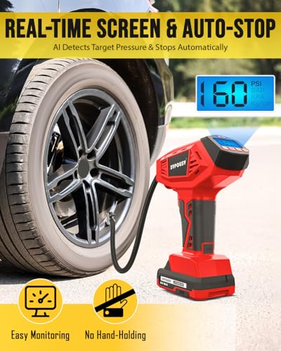 Tire Inflator Portable Air Compressor - 160PSI (20V Battery & 12V DC) - color: Red