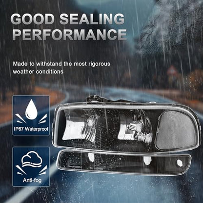 KUIPERAUTO Headlight Assembly Front Lamp Compatible with 1999-2006 GMC Sierra 1500 2500, 2000-2006 GMC Yukon Headlamp w/Bulb Black Housing/Clear Lens/Clear Corner - color: Black/Clear/Clear
