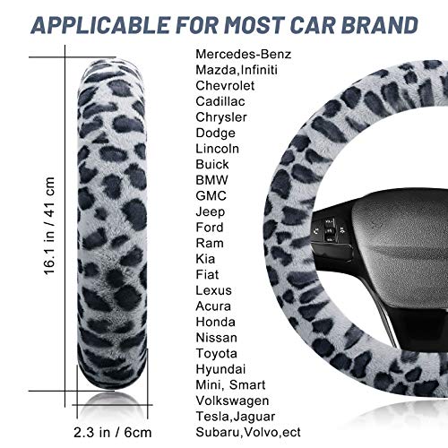 Fuzzy Steering Wheel Cover for Women Girls, Accmor Universal Fit Fur Car Wheel Cover & Handbrake Cover & Gear Shift Cover Set, Leopard Winter Warm Fluffy Vehicle Wheel Protector for Auto, SUV - color: Light Grey/Dark Gray Leopard