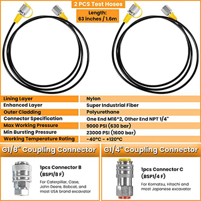 70M Digital Hydraulic Pressure Test Coupling Kit Hydraulic Pressure Gauge Kit for Excavator Construction Machinery 2 Gauges 2 Test Hoses 11 Couplings 700BAR/10000PSI/70Mpa - style: 2 Gauges 11 Test Couplings