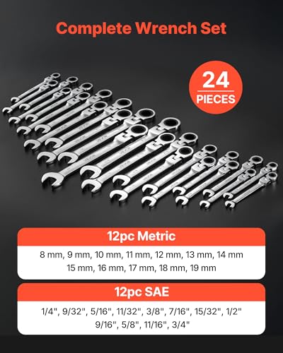 VEVOR 24-piece Ratcheting Wrench Set with 180° Flex Head, Anti-Slip Tooth, Combination Wrench Sets with Organizer Box, Metric 8-19mm & SAE 1/4-7/8", Polished - color: Silver 24pcs, size: Metric&SAE