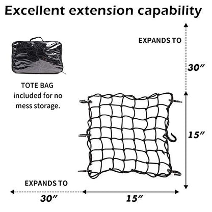 15"x15" Motorcycle Cargo Net Stretches to 30"x30" with 6 Hooks 2''x2'' Mesh for Motorcycle Motorbike Bikes