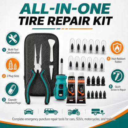 Tire Repair Screws Kit, Screw in Tire Plugs for Emergency Puncture Repair, Rubber Nail Screw in Tire Plug Kit with Pliers, Screwdriver & Rubber Cement for Tubeless Tires - color: Version C