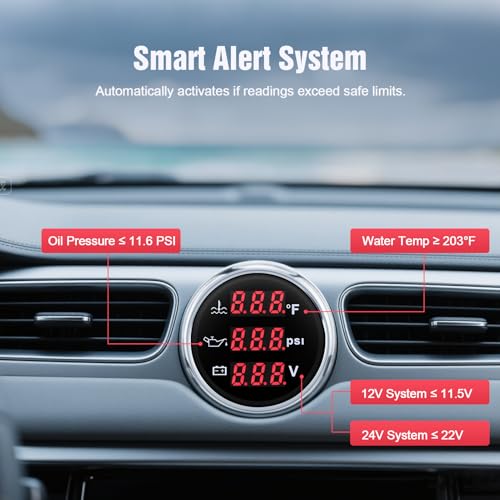 Triple Gauge Set 3in1,Water Temp (104°F-248°F), Oil Pressure (0-145PSI), Voltmeter (9-32V), AUTO Gauge with Digital Display Alarms for Cars Trucks Boats (Red) - color: Red