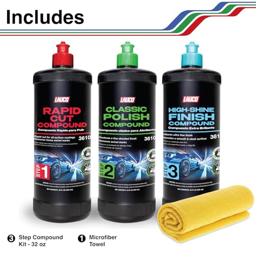 LAUCO 3-Step Kit – Steps 1 2 3 – 32oz, with a Towel, Professional Silicone-Free Cutting, Polishing & Finishing Compounds for Scratch Removal, Clear Coat Safe High-Gloss Finish 36101 - style: Combo–32oz