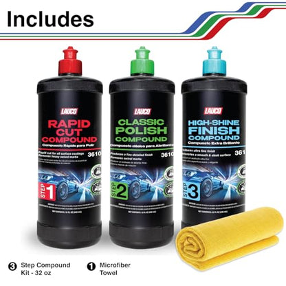 LAUCO 3-Step Kit – Steps 1 2 3 – 32oz, with a Towel, Professional Silicone-Free Cutting, Polishing & Finishing Compounds for Scratch Removal, Clear Coat Safe High-Gloss Finish 36101 - style: Combo–32oz