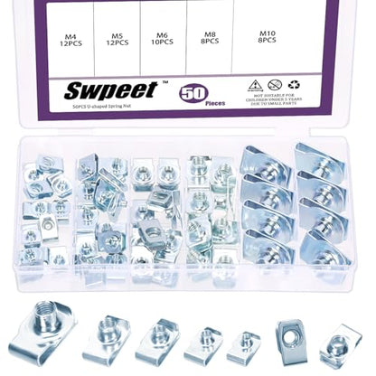 Swpeet 50Pcs M4 M5 M6 M8 M10 Carbon Steel Auto Car U-Clip Assortment Kit, U-Shaped Nut U Nut, Metal Trim Panel Spring Clip Fasteners for Dash Door Panel Interior Compatible with Most Auto (Blue-White) - size: N5