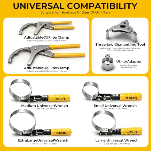KELIN Oil Filter Wrench Set 8PCS, 9"&12" Oil Filter Pliers | 4 Swivel Band Wrenches (2-3/4" to 5-1/4") | 3-Jaw Universal Adapter for 3/8" 1/2" Ratchet, Oil Filter Removal Tool for Car Truck SUV ATV