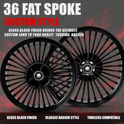 TOFR 21inch 18inch 36 Fat Spoke Wheels Rims For Harley Touring Bagger 09-25 - color: Gloss Black, size: Front:21x3.5 Rear:18x5.5