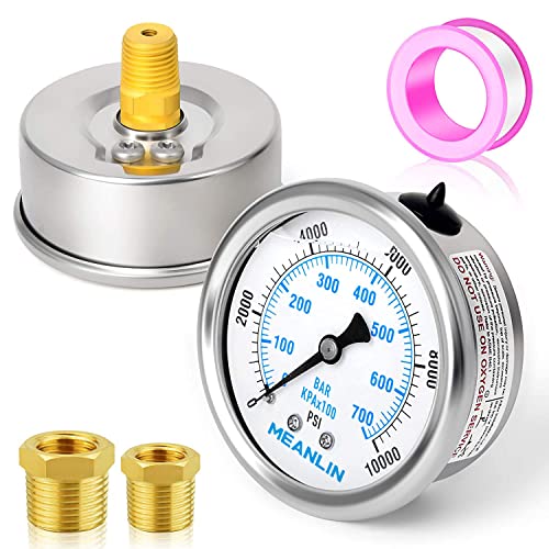 MEANLIN MEASURE 0~10000Psi Stainless Steel 1/4" NPT 2.5" FACE DIAL Liquid Filled Pressure Gauge WOG Water Oil Air Center Back Mount, with 1/2" NPT and 3/8" NPT Hex Bushing - size: 0-10000Psi