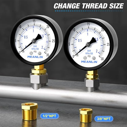 MEANLIN MEASURE 0-30Psi 2" DIAL FACE 1/4" NPT Well Pump Pressure Gauge, with 1/2" NPT and 3/8" NPT Hex Bushing, 3-2-3% Accuracy, Lower Mount - color: 1/4"NPT Lower Mount, size: 0-30Psi
