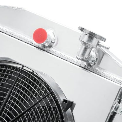4 Row High Flow Aluminum Radiator with Shroud Fan, 63mm Core High Performance Upgraded Downflow for 1948-1954 Chevy/GMC Truck, All Aluminum Racing Spec Cooling Radiator, OE 4854 CC4854 CU4854