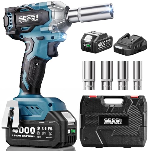 Seesii 3/8" Cordless Impact Wrench, Power Impact Gun w/Max Torque 330Ft-lbs(450N.m), 4.0Ah Rechargable Battery & 4 Sockets, Compact Power Impact Wrench for Lightduty Work Car Home,WH450