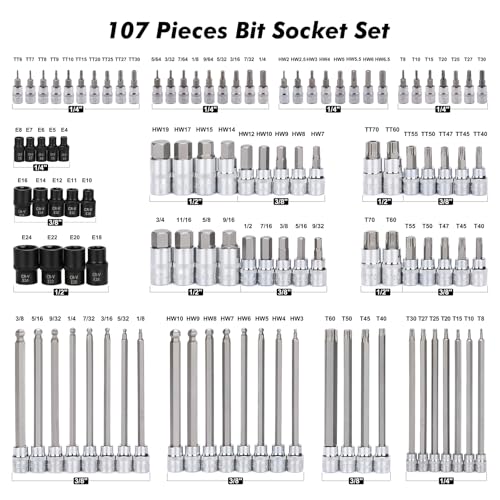 Mayouko 107-Piece Bit Socket Set, 1/4", 3/8" and 1/2" Drive, Torx/Hex/Ball End Hex, SAE/Metric, S2 Steel Bits