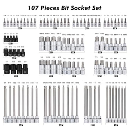 Mayouko 107-Piece Bit Socket Set, 1/4", 3/8" and 1/2" Drive, Torx/Hex/Ball End Hex, SAE/Metric, S2 Steel Bits