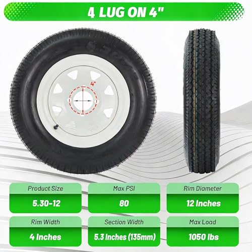 2 Pack 5.30-12 5.30x12 530-12 5.30-12 Trailer Tires with 12'' Rims, 4 Lug on 4'', Load Range C, 6PR, 4 Lug Tire - size: 530-12, style: 4 Lug