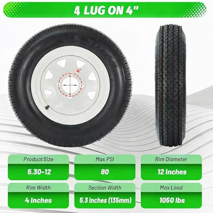 2 Pack 5.30-12 5.30x12 530-12 5.30-12 Trailer Tires with 12'' Rims, 4 Lug on 4'', Load Range C, 6PR, 4 Lug Tire - size: 530-12, style: 4 Lug