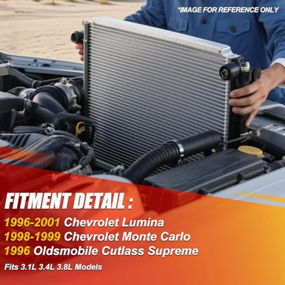 Aluminum Radiator Compatible with 1996-2001 Chevy Lumina/Monte Carlo/Oldsmobile Cutlass Supreme 3.1L 3.4L 3.8L, 1-Row High Flow Direct Fit Replacement Cooling Radiator DPI-2251 - color: 96-01 Chevy Lumina Monte Carlo Cutlass