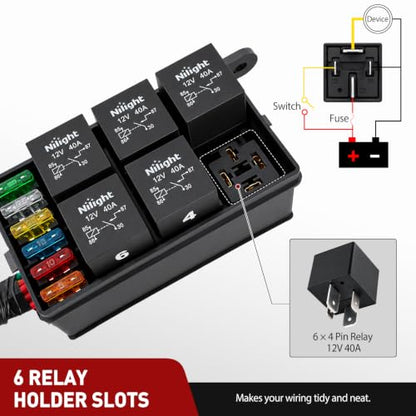 Nilight 12V Fuse Relay Box 6 Relays 4pin 40A 6 Fuses Pre-Wired Block Kit - color: Pre-Wired Box 6 Relay 6 Fuse