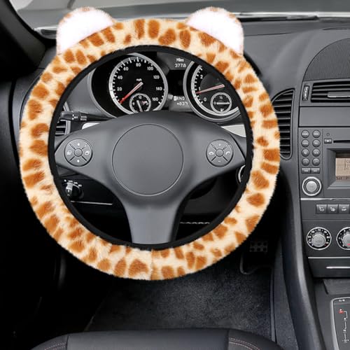Accmor Fuzzy Leopard Print Car Steering Wheel Cover Women Car Accessories - color: Style B/Orange Leopard, Ear