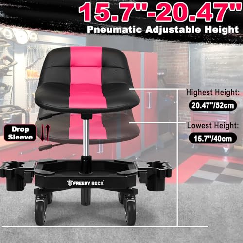 Rolling Stool with Wheels, Adjustable Height Pneumatic Garage Work Mechanic Stool Seat with Backrest, 400 LBS Capacity 360° Swivel Mechanic Crepper Chair with Tool Tray Storage, Pink - color: Pink