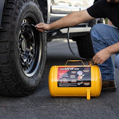 TOOLUXE 30010L 5 Gallon Air Tank, Portable Air Tank, 125 PSI Maximum Pressure, Horizontal Air Compressor Tank, 1/4" NPT 40 Inch Industrial Hose & Chuck, 140 PSI Safety Valve - size: Portable Air Tank
