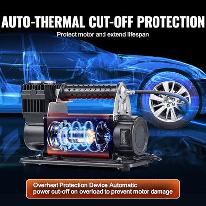 VEVOR 12V Portable Tire Inflator, 7.06CFM Heavy Duty Air Compressor, 150PSI Offroad Air Pump with Adapters for Car SUV RV Truck - Include 6.5FT Power Cord, 26FT Air Hose with Pressure Gauge, Carry Bag - style: 7.06CFM