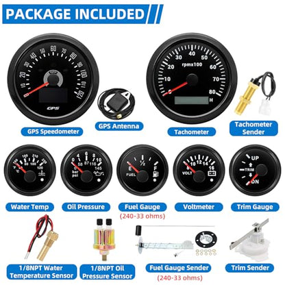 MH 7 Boat Gauge Set - 3-3/8" GPS Speedometer, Tachometer, 2-1/16" Oil Pressure Gauge,Fuel Level,Water Temperature,Voltmeter,Trim Marine Meter Kit Waterproof 7 Color for AUTO (Black) - color: Black