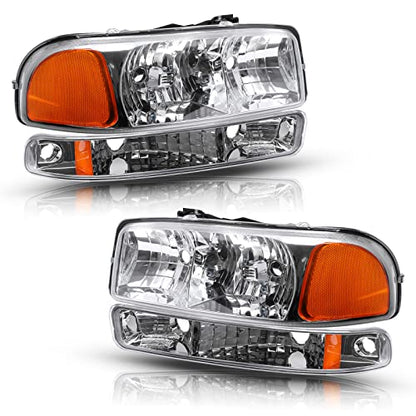 Front Headlight Lamp with Bumper Lights Set (Left + Right) Compatible with 99-07 GMC Sierra 1500 2500 3500/00-06 Yukon, Chrome Housing Amber Reflector Headlights - color: Chrome Amber