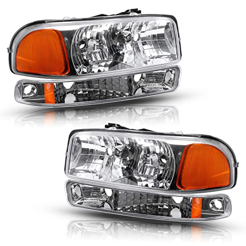 Front Headlight Lamp with Bumper Lights Set (Left + Right) Compatible with 99-07 GMC Sierra 1500 2500 3500/00-06 Yukon, Chrome Housing Amber Reflector Headlights - color: Chrome Amber