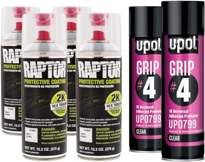 U-POL Raptor 2K White Spray-On Truck Bedliner Aerosol #4 Grip Adhesion Kit 4885 (4) + 799 (2)