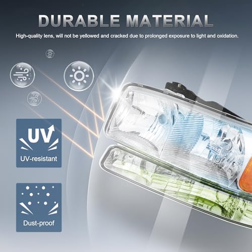 KUIPERAUTO Headlight Assembly Front Lamp Compatible with 1999-2006 GMC Sierra 1500 2500, 2000-2006 GMC Yukon Headlamp w/Bulb Chrome Housing/Clear Lens/Amber Corner - color: Chrome/Clear/Amber