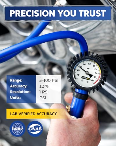 Tire Inflator with Pressure Gauge — Air Chuck with Gauge for Air Compressor - color: Blue (White Dial)