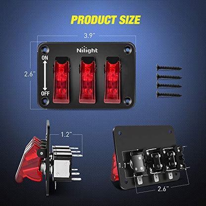 Nilight 3 Gang Toggle Switch 12V Rocker Switch Panel with LED Light and Flip Cover Heavy-Duty ON/Off Switch Plate 3 Pin SPST，2 Years Warranty - color: Red 3 Gang