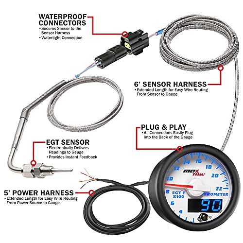 MaxTow White & Blue 2200F Exhaust Temp EGT Gauge Kit, 2-1/16" 52mm