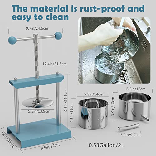 SQUEEZE master Cheese Tincture Herb Fruit Wine Manual Press -0.53Gallon/ 2 Litre-Power Ball Handle-Stainless Steel & Iron for Juice, Cider,Wine,Olive Oil-Blue - color: Blue, size: 0.53Gallon
