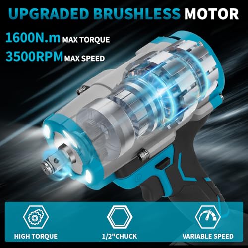 1600N.m (1180Ft-lbs) Cordless Impact Wrench, 21V 1/2" Brushless High Torque Impact Gun, 2×4.0Ah Batteries & 5 Sockets, 3-Speed Adjustment, Pistola De Impacto Drive for Car/Truck/RV/Mower Repair