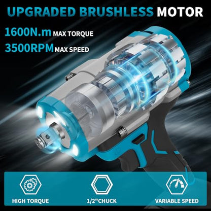 1600N.m (1180Ft-lbs) Cordless Impact Wrench, 21V 1/2" Brushless High Torque Impact Gun, 2×4.0Ah Batteries & 5 Sockets, 3-Speed Adjustment, Pistola De Impacto Drive for Car/Truck/RV/Mower Repair