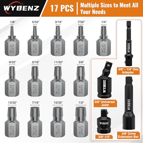 17Pcs Screw Extractor Set, 3/8" Inch Drive Multi-Spline Screw Extractor Kit - color: 17pcs