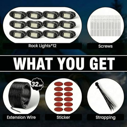 YONEDA White Rock Lights for Trucks, 12 Pods, IP68 Waterproof - color: White, size: 12 Pods(15 LEDs/Pod)