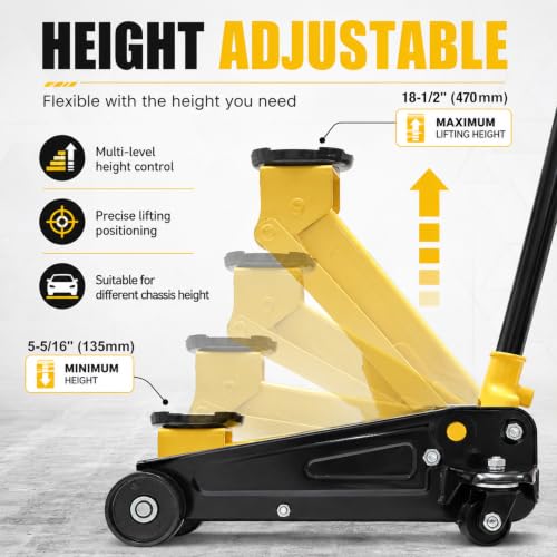 3 Ton Low Profile Hydraulic Floor Jack, Single Piston Heavy Duty Steel Car Jack, 6000LBS, Lift Range 5.3" to 18.5", for Sedan, SUV, MPV and Standard Pickup, Garage Tire Repair - size: 3T