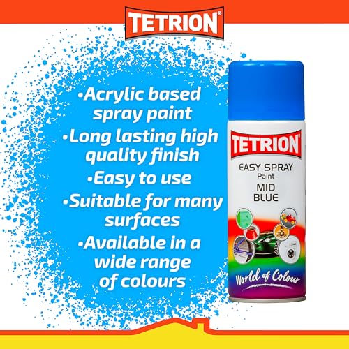 Tetrion Easy Spray Paint – Mid Blue 400ml - All-Purpose Fast Drying Acrylic Spray for Wood, Metal, Plastic, Ceramic & More, Smooth Base Coat - Indoor & Outdoor Use, 13.5 Oz - color: Blue - Mid, size: 13.5 Ounce (Pack of 1)
