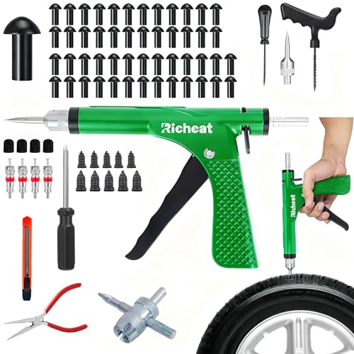 Richcat Tubeless Tire Puncture Repair Kit with Mushroom Plug, Repairs punctures and Flat Tires for Motorcycles, Cars, Trucks, ATVs,Gun Puncture Repair Kit - size: 50Plugs Kit
