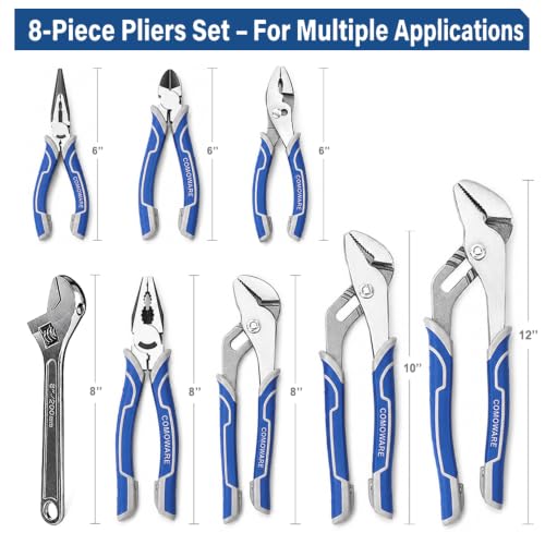 COMOWARE 8Pcs Pliers Set, 12", 10", 8" Groove Joint Pliers, 8" Adjustable Wrench, 8" Linesman, 6" Long Needle Nose, 6" Slip Joint, 6" Diagonal, Roll-Up Pouch Organizer, Rust-proof Black Oxide Coating - style: 8 Pcs