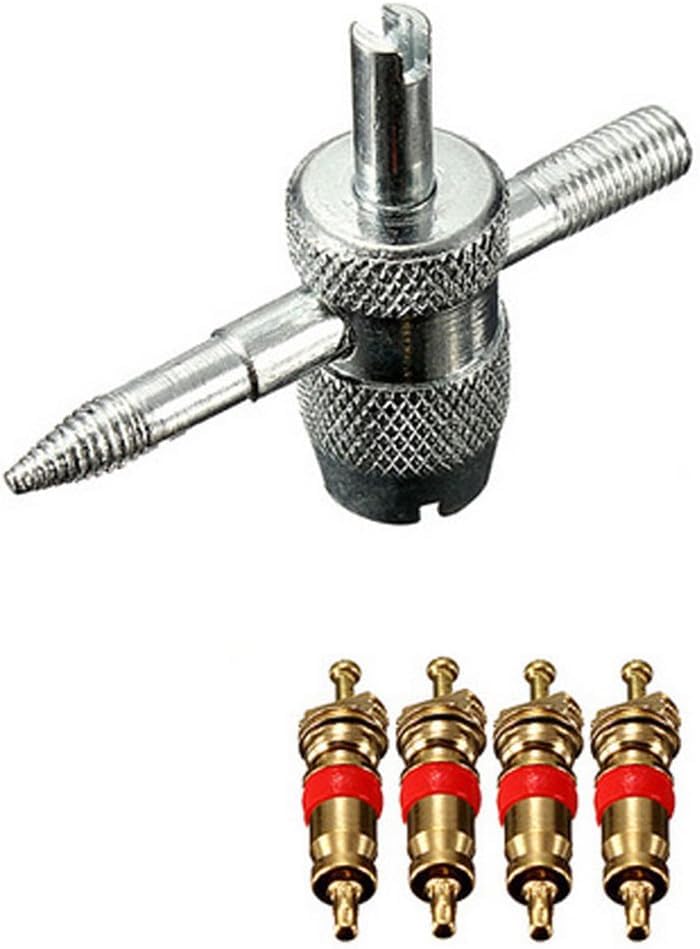 4-Way Tire Valve Core Tool Kit with 4 Brass Valve Cores - Multifunctional Tyre Valve Stem Remover Installer for Car, Motorcycle, Bicycle, Tire Repair & Emergency Roadside Use
