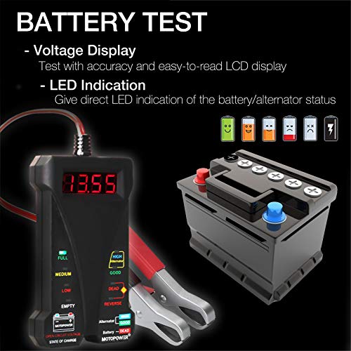 MOTOPOWER MP0514A 12V Digital Car Battery Tester Voltmeter and Charging System Analyzer with LCD Display and LED Indication - Black Rubber Paint